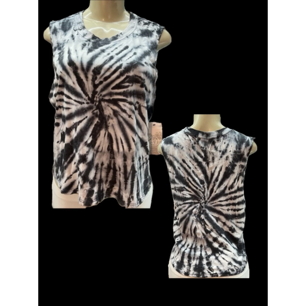 Sage Collective L Black White Tie Dye Spiral Pattern Muscle Tank Top Crew Neck